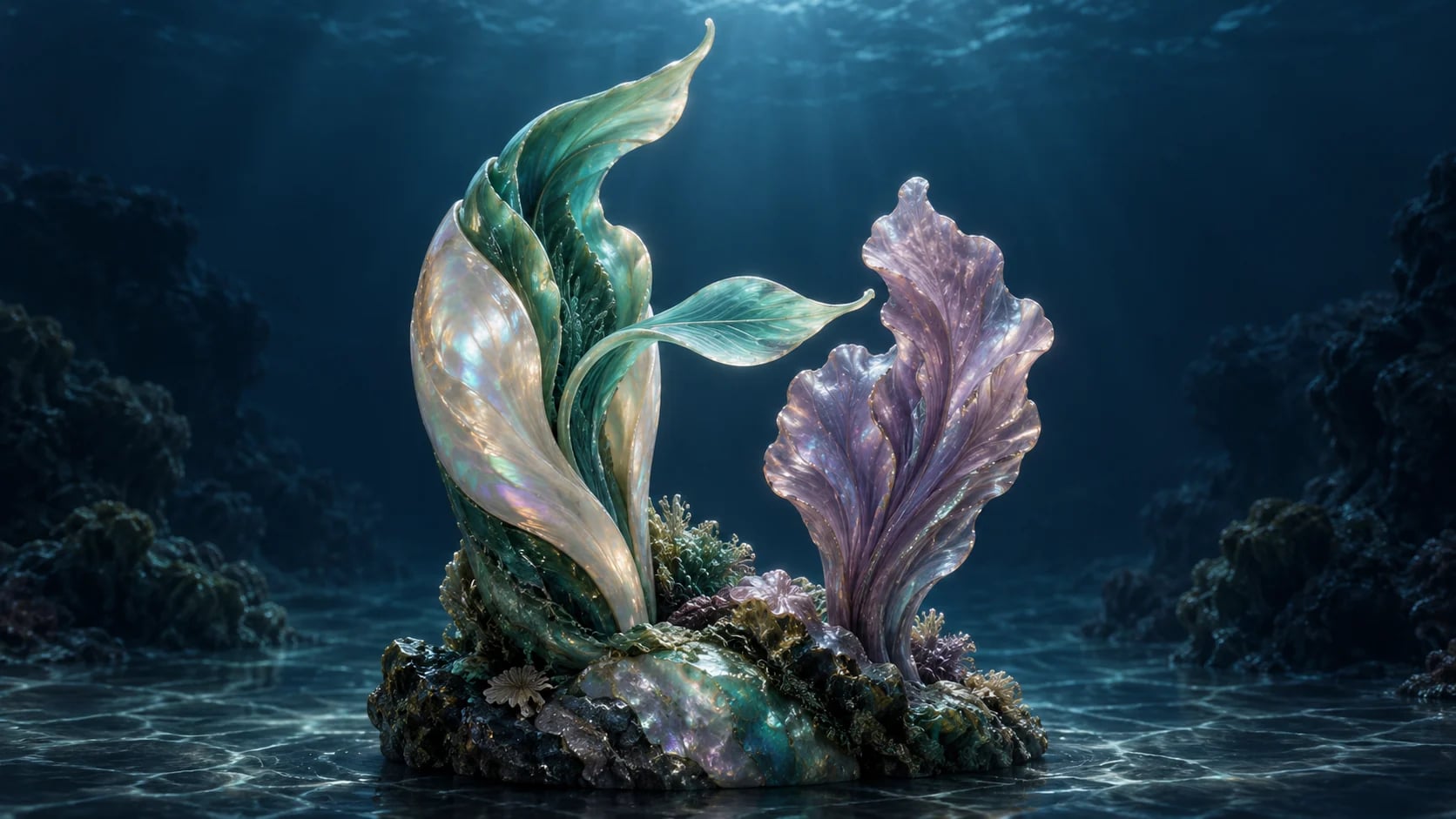 Живой нефритовый лист раскрывает одну боковую пластину к соседней сиреневой ветви; верхушка остаётся самостоятельной, а другие слои защищены перламутровой складкой.