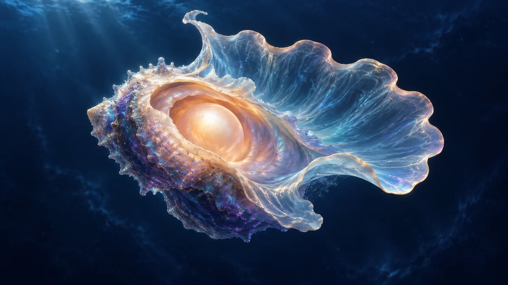 Зрелая опаловая полость со светлой жемчужной глубиной раскрывается в прозрачную новую кромку; рядом виден отдельный открытый подход.